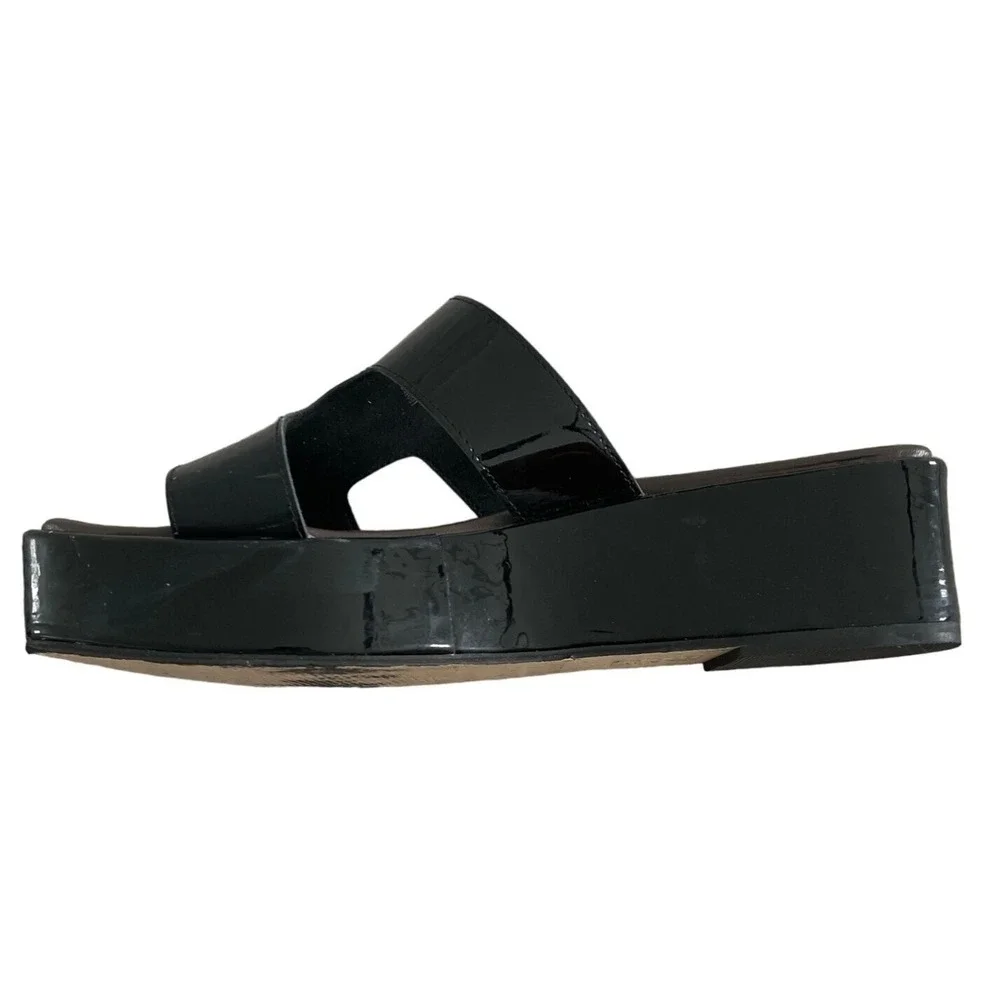 ALL BLACK FOOTWEAR Blunt T Wedge Sandals Black Patent Leather EU 40 9-9.5 $175